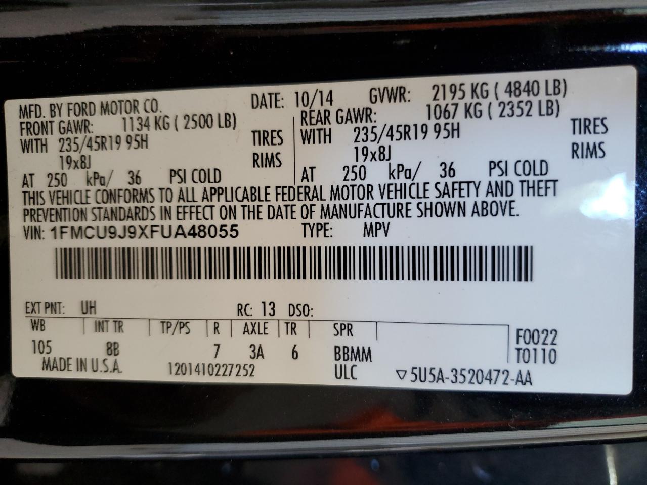 2015 Ford Escape Titanium VIN: 1FMCU9J9XFUA48055 Lot: 82610995