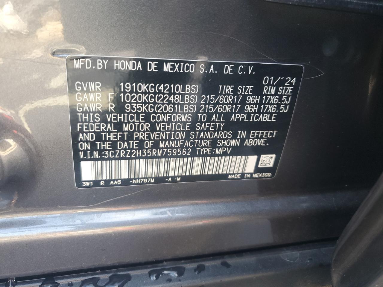 2024 Honda Hr-V Lx VIN: 3CZRZ2H35RM759562 Lot: 85365645