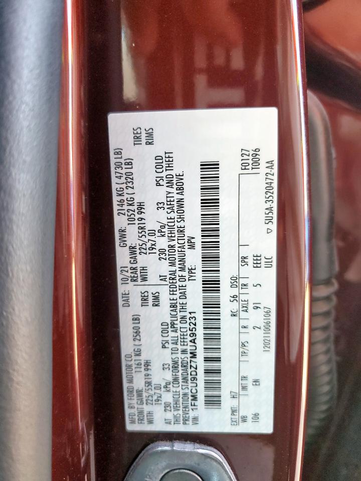 2021 Ford Escape Titanium VIN: 1FMCU9DZ7MUA95231 Lot: 84911015