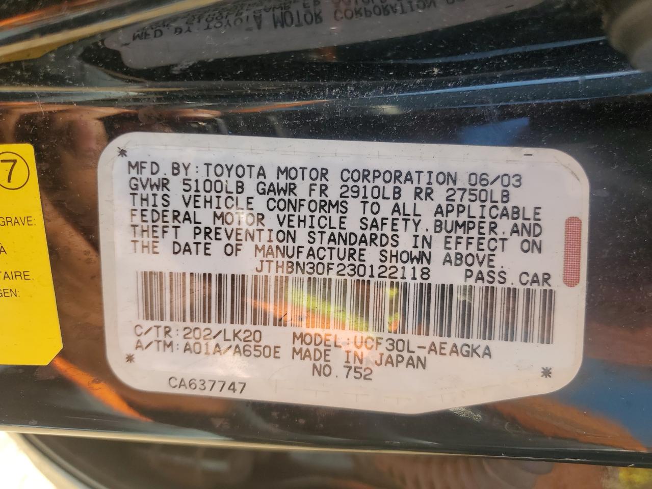 2003 Lexus Ls 430 VIN: JTHBN30F230122118 Lot: 82394595