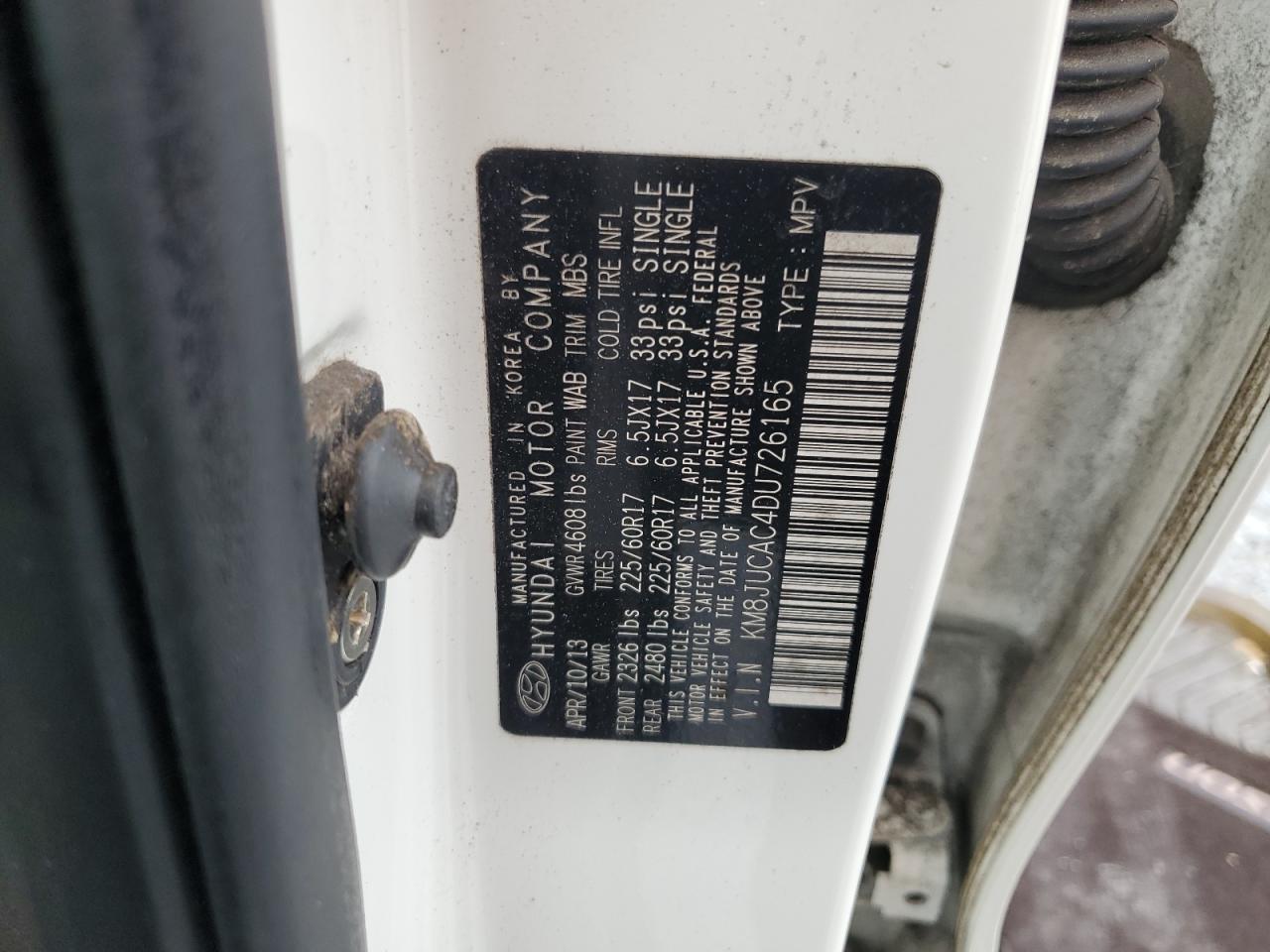 2013 Hyundai Tucson Gls VIN: KM8JUCAC4DU726165 Lot: 85112425