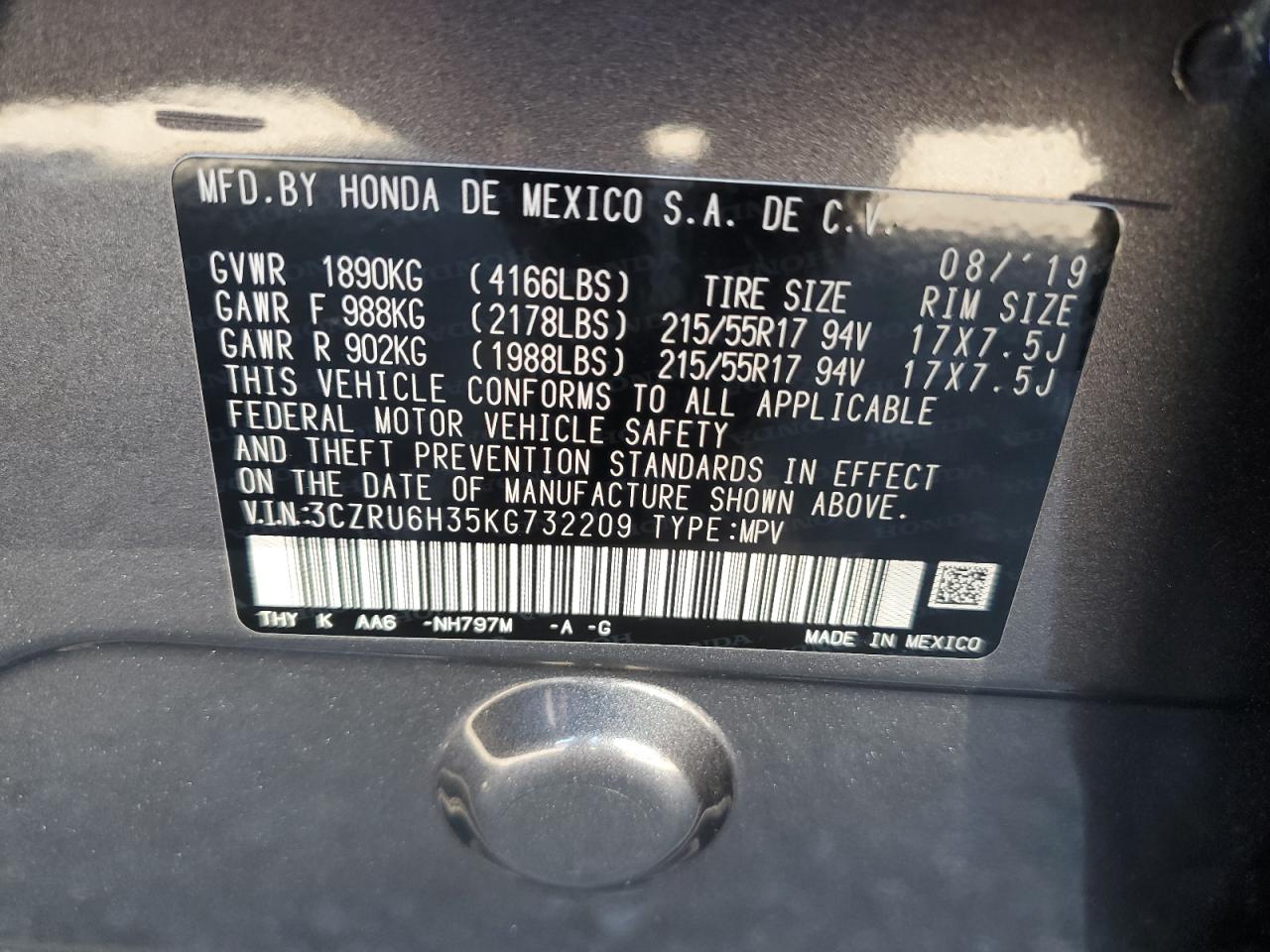 2019 Honda Hr-V Lx VIN: 3CZRU6H35KG732209 Lot: 82190405