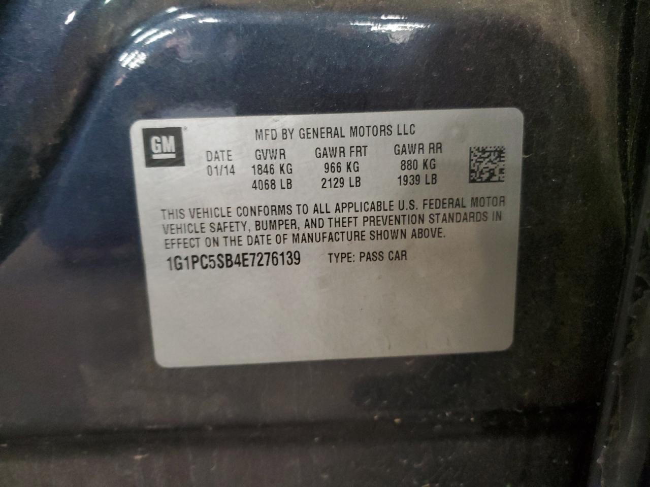 2014 Chevrolet Cruze Lt VIN: 1G1PC5SB4E7276139 Lot: 81911515