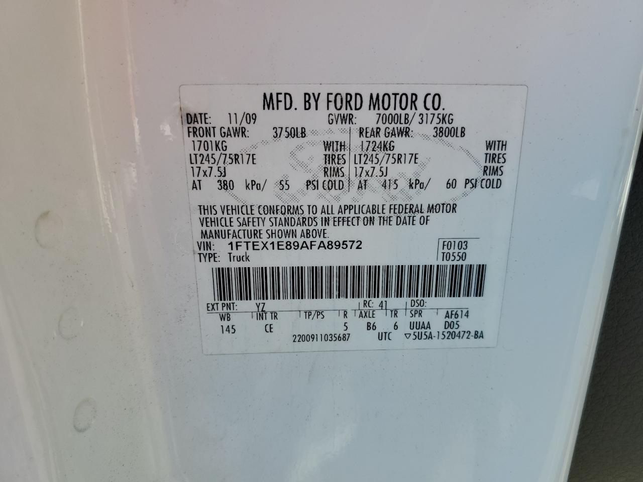 2010 Ford F150 Super Cab VIN: 1FTEX1E89AFA89572 Lot: 85902965