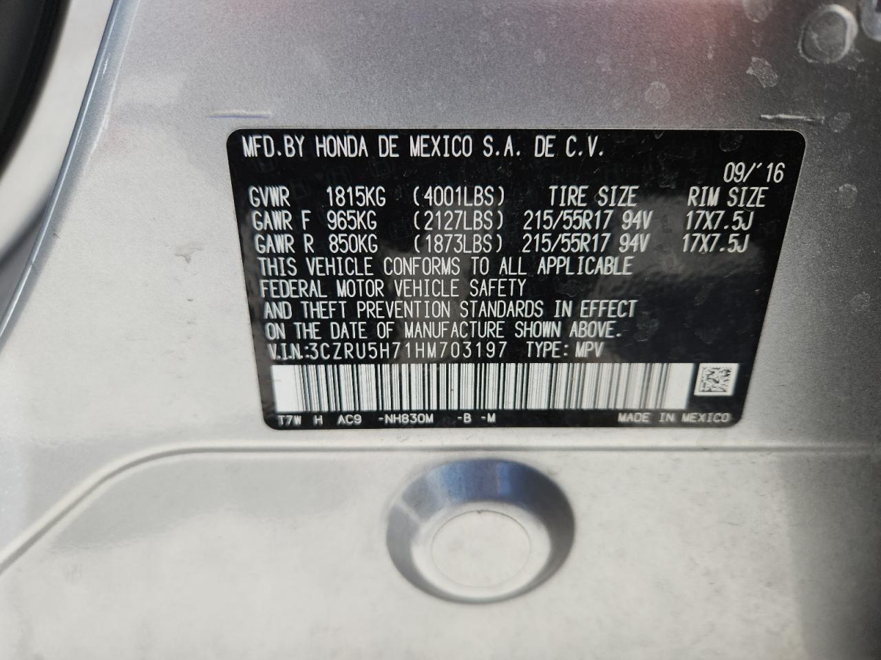 2017 Honda Hr-V Exl VIN: 3CZRU5H71HM703197 Lot: 82666595