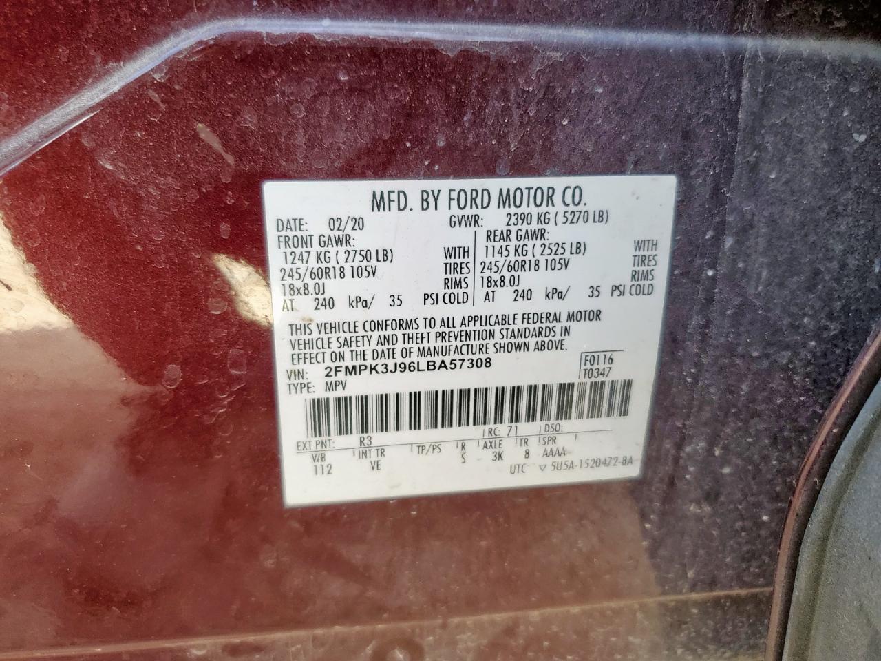 2020 Ford Edge Sel VIN: 2FMPK3J96LBA57308 Lot: 85278615