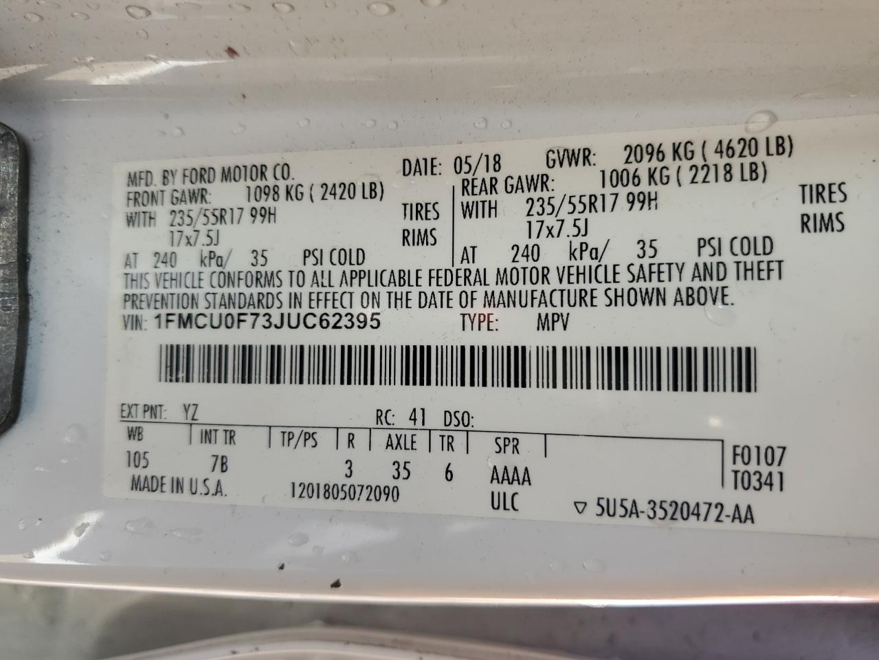 2018 Ford Escape S VIN: 1FMCU0F73JUC62395 Lot: 86220415