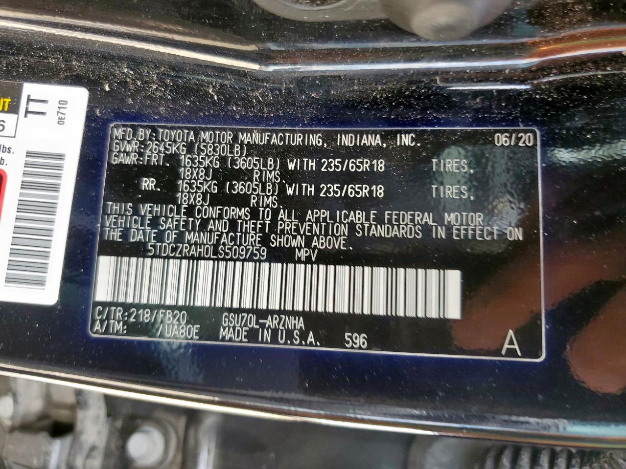 2020 Toyota Highlander L VIN: 5TDCZRAH0LS509759 Lot: 82314855