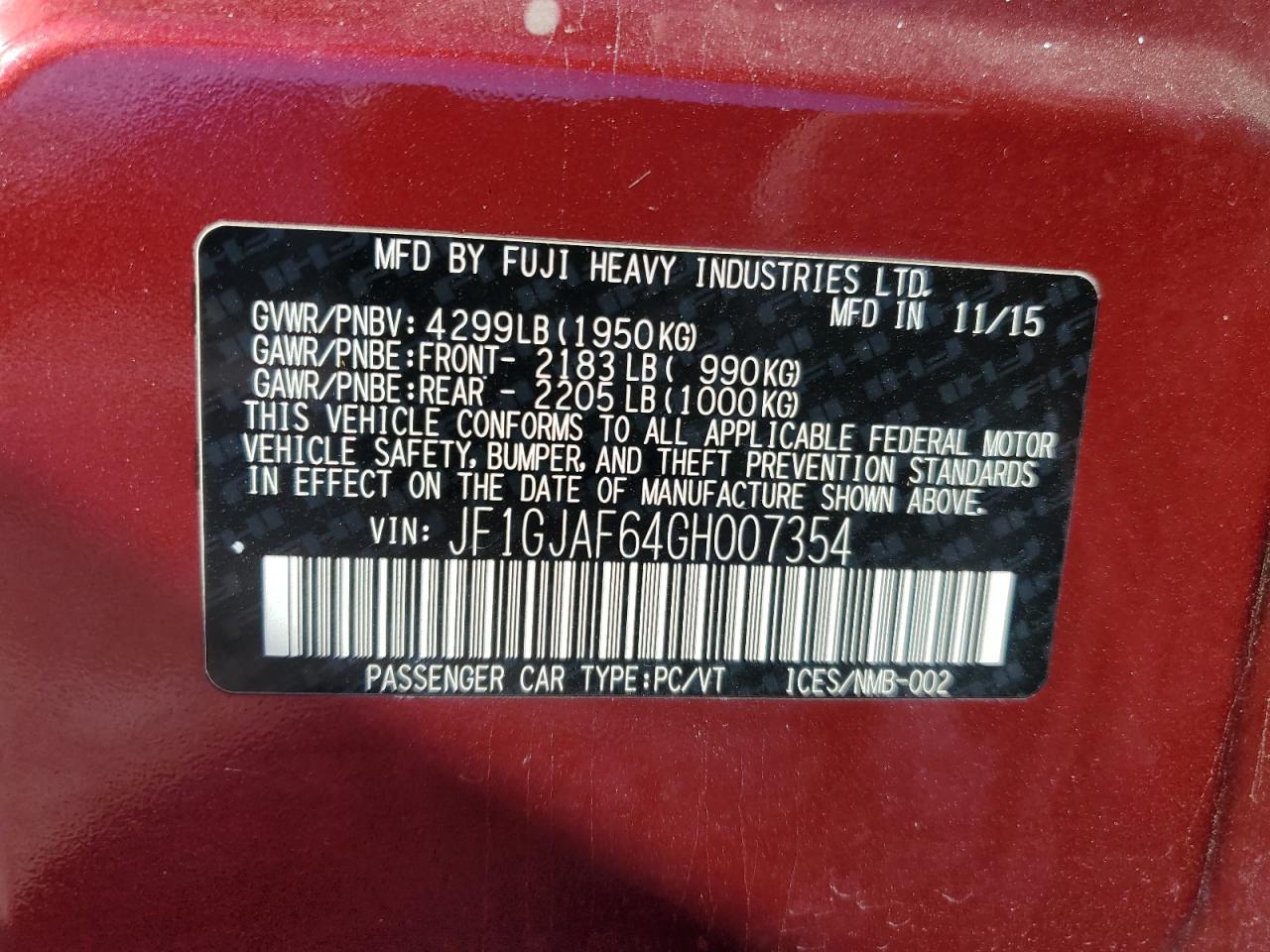 2016 Subaru Impreza Premium Plus VIN: JF1GJAF64GH007354 Lot: 85922425