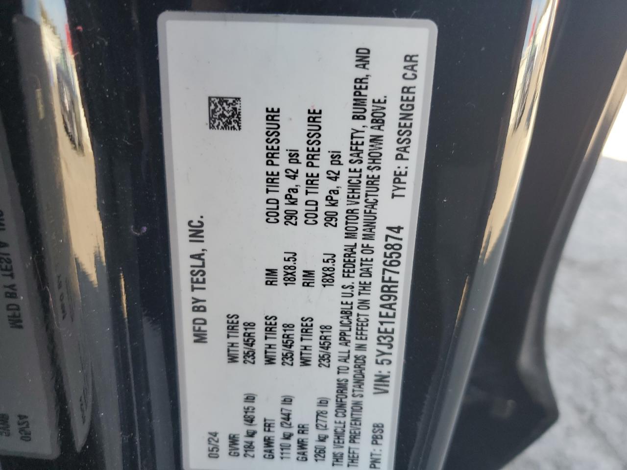 2024 Tesla Model 3 VIN: 5YJ3E1EA9RF765874 Lot: 85279605