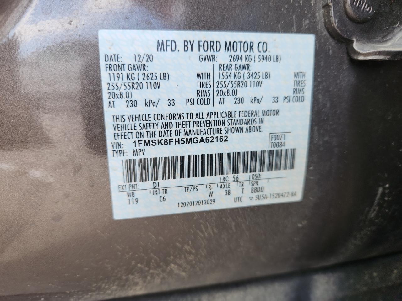 2021 Ford Explorer Limited VIN: 1FMSK8FH5MGA62162 Lot: 89848705