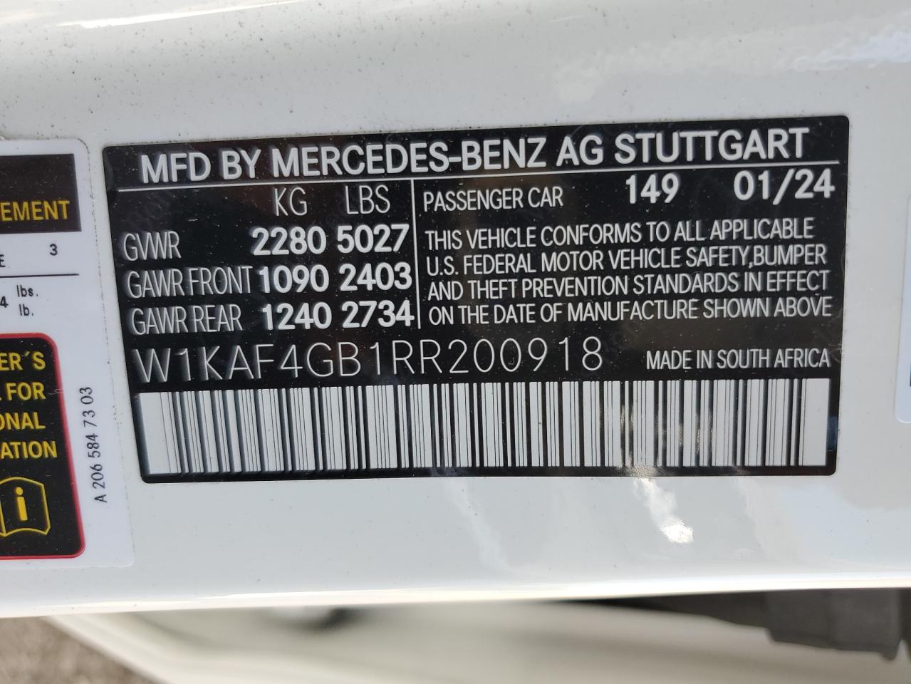 2024 Mercedes-Benz C 300 VIN: W1KAF4GB1RR200918 Lot: 89672045