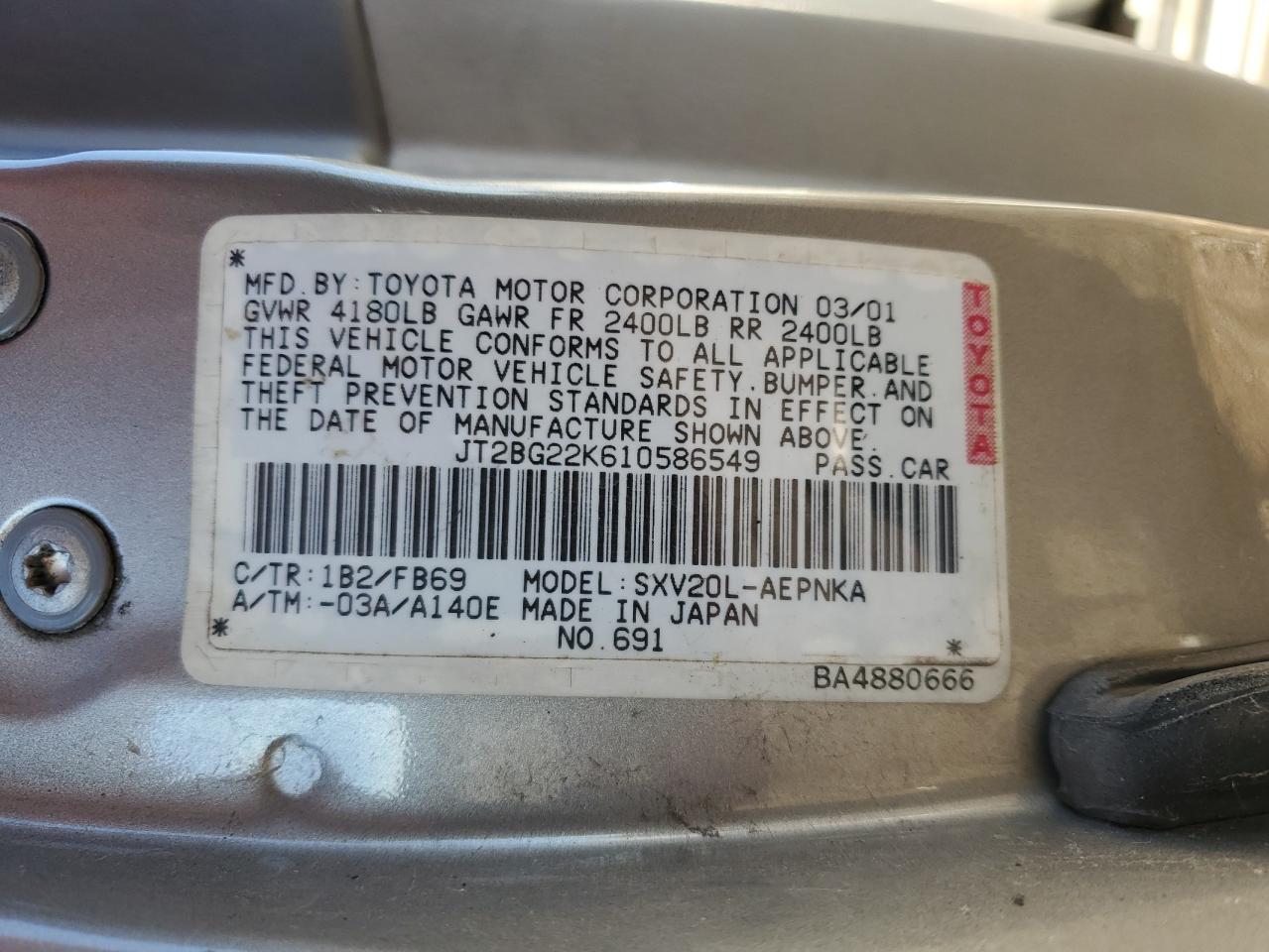 2000 Toyota Camry Le VIN: 4T1BF22K3YU094084 Lot: 87425025