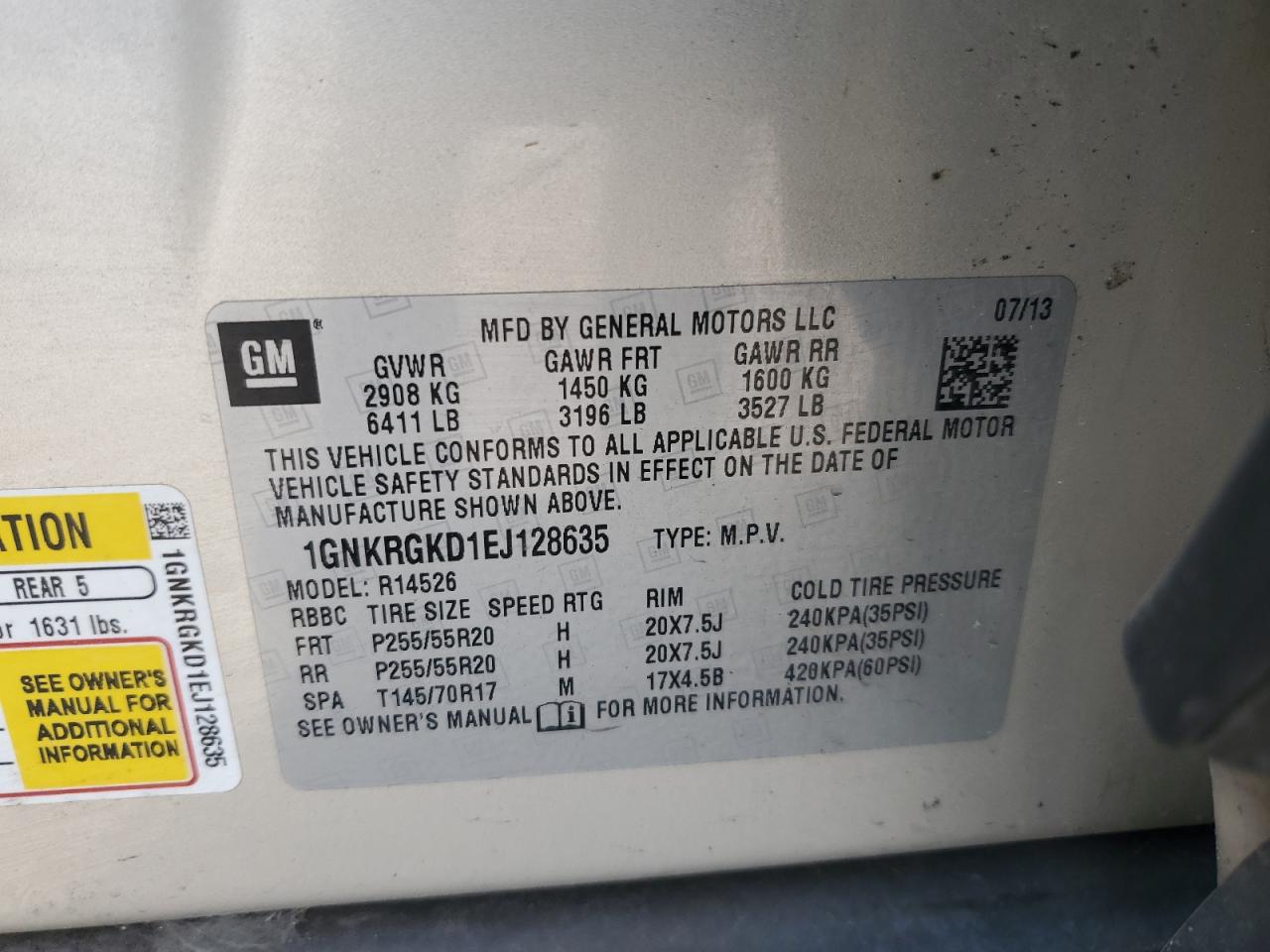 2014 Chevrolet Traverse Lt VIN: 1GNKRGKD1EJ128635 Lot: 82475155