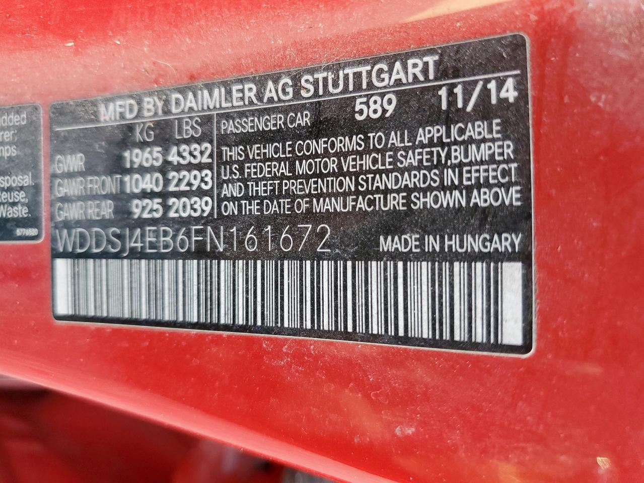 2015 Mercedes-Benz Cla 250 VIN: WDDSJ4EB6FN161672 Lot: 85848415