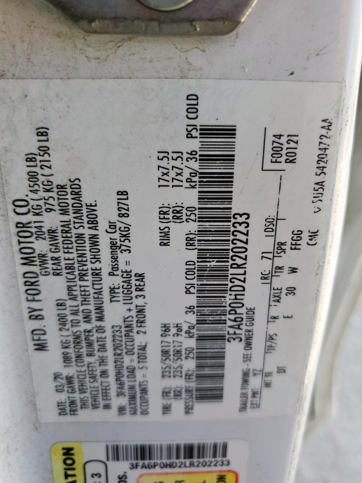 2020 Ford Fusion Se VIN: 3FA6P0HD2LR202233 Lot: 86648735