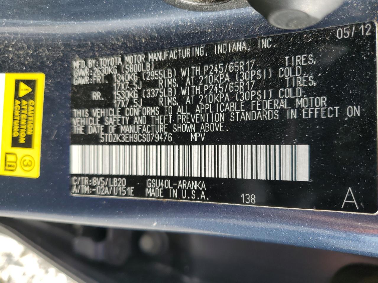 2012 Toyota Highlander Base VIN: 5TDZK3EH9CS079476 Lot: 86177745