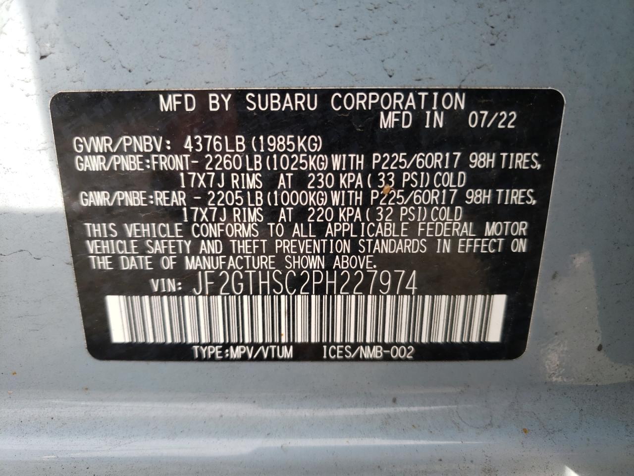 2023 Subaru Crosstrek Sport VIN: JF2GTHSC2PH227974 Lot: 85572255