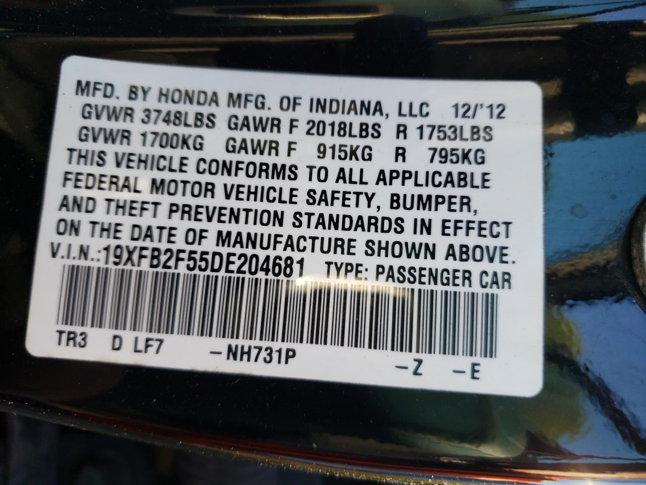 2013 Honda Civic Lx VIN: 19XFB2F55DE204681 Lot: 85156515