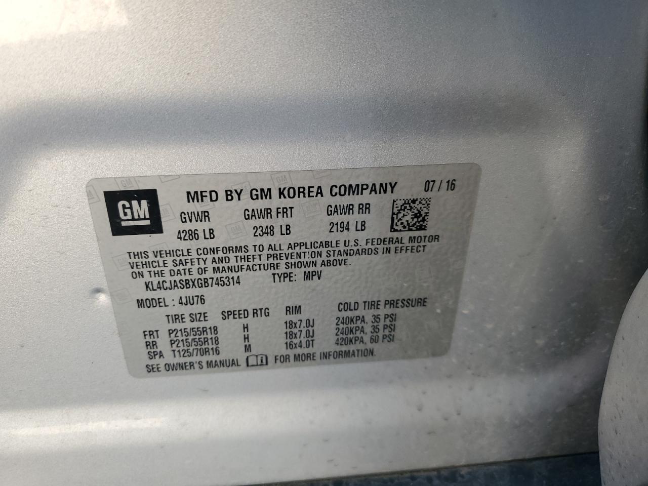 2016 Buick Encore VIN: KL4CJASBXGB745314 Lot: 89664585