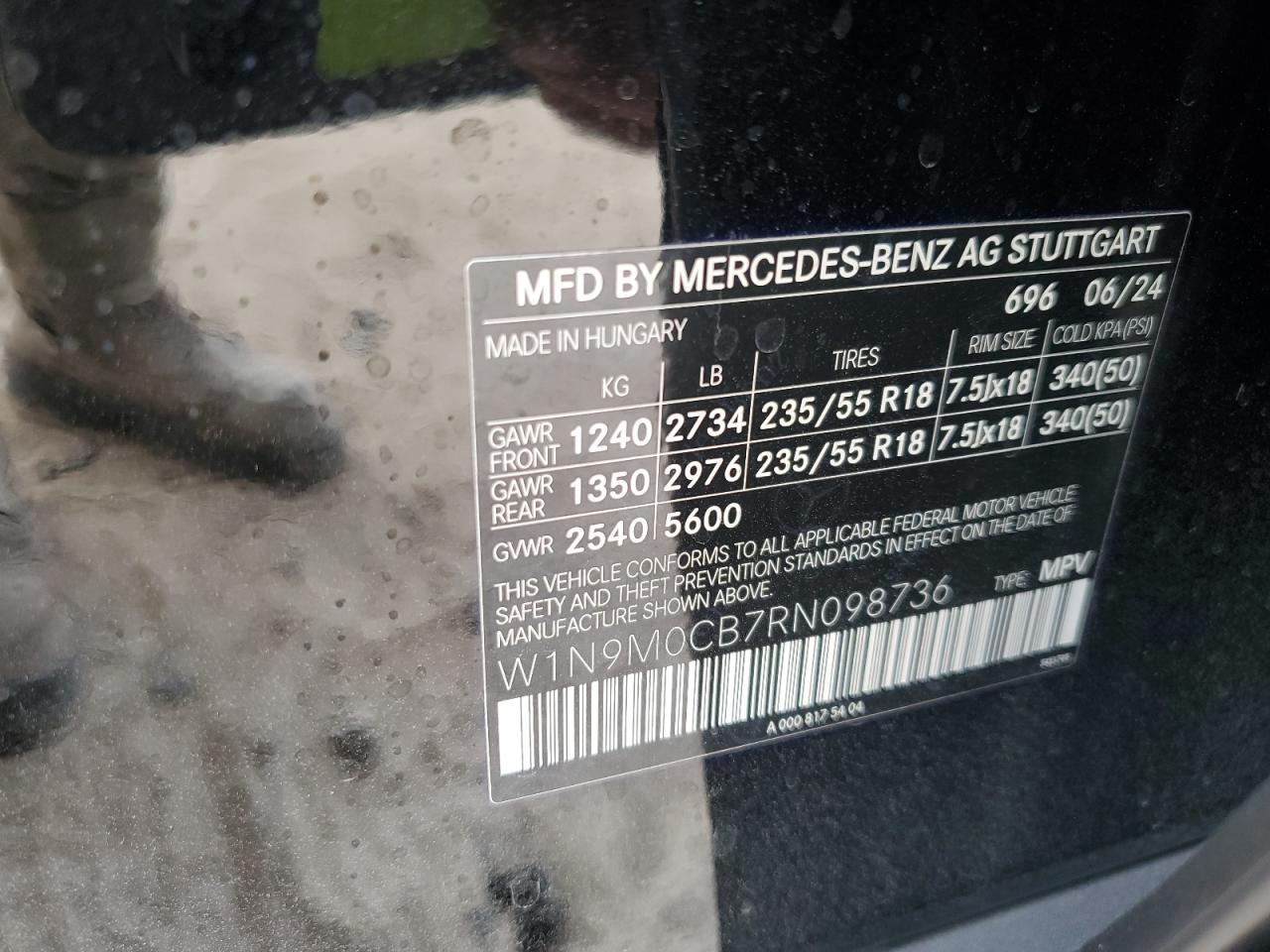 2024 Mercedes-Benz Eqb 250+ VIN: W1N9M0CB7RN098736 Lot: 85921835