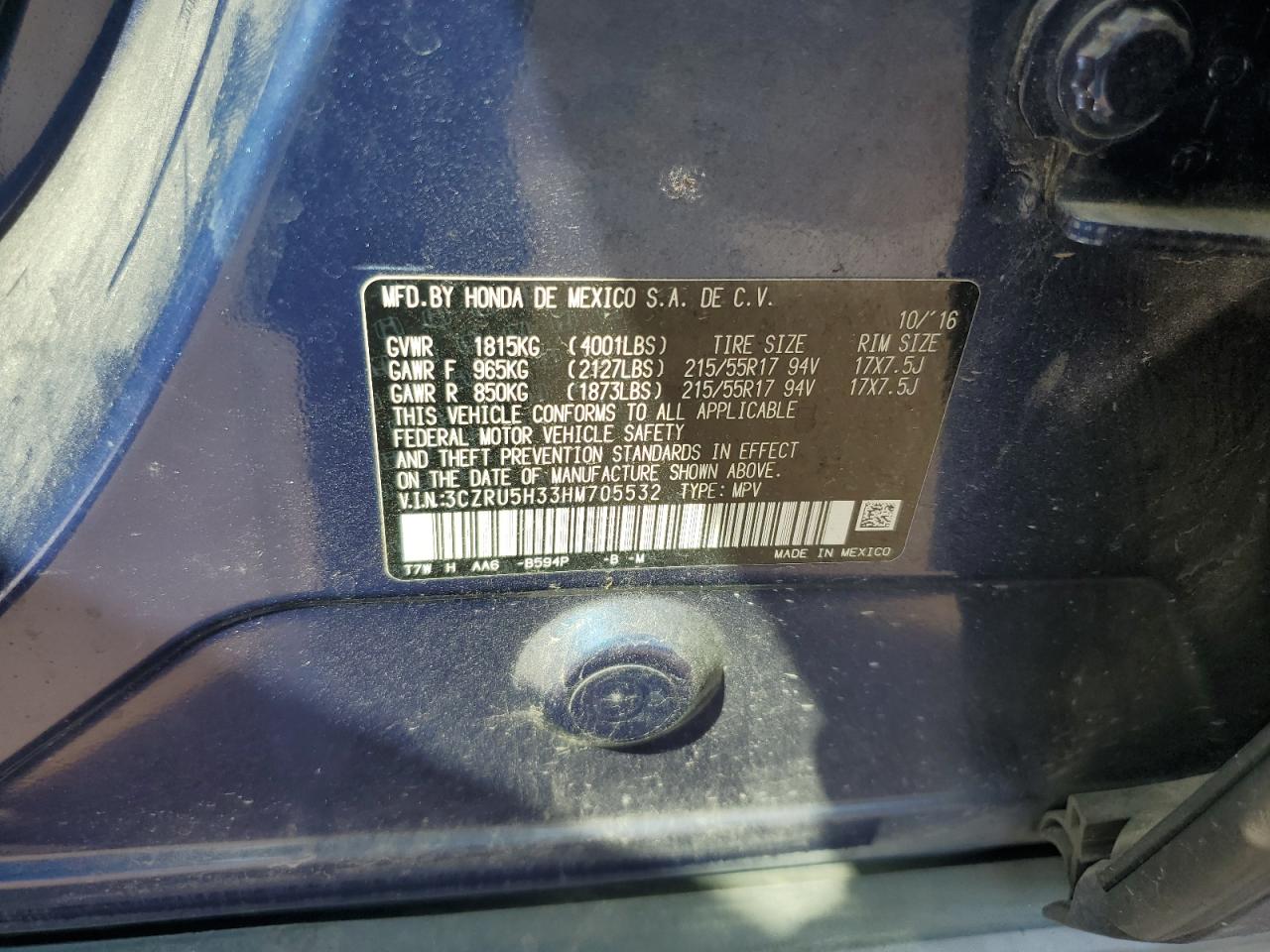 2017 Honda Hr-V Lx VIN: 3CZRU5H33HM705532 Lot: 85704725