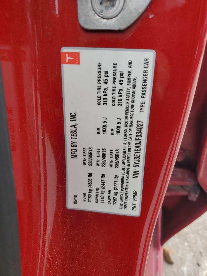 2018 Tesla Model 3 VIN: 5YJ3E1EA0JF034027 Lot: 89685205