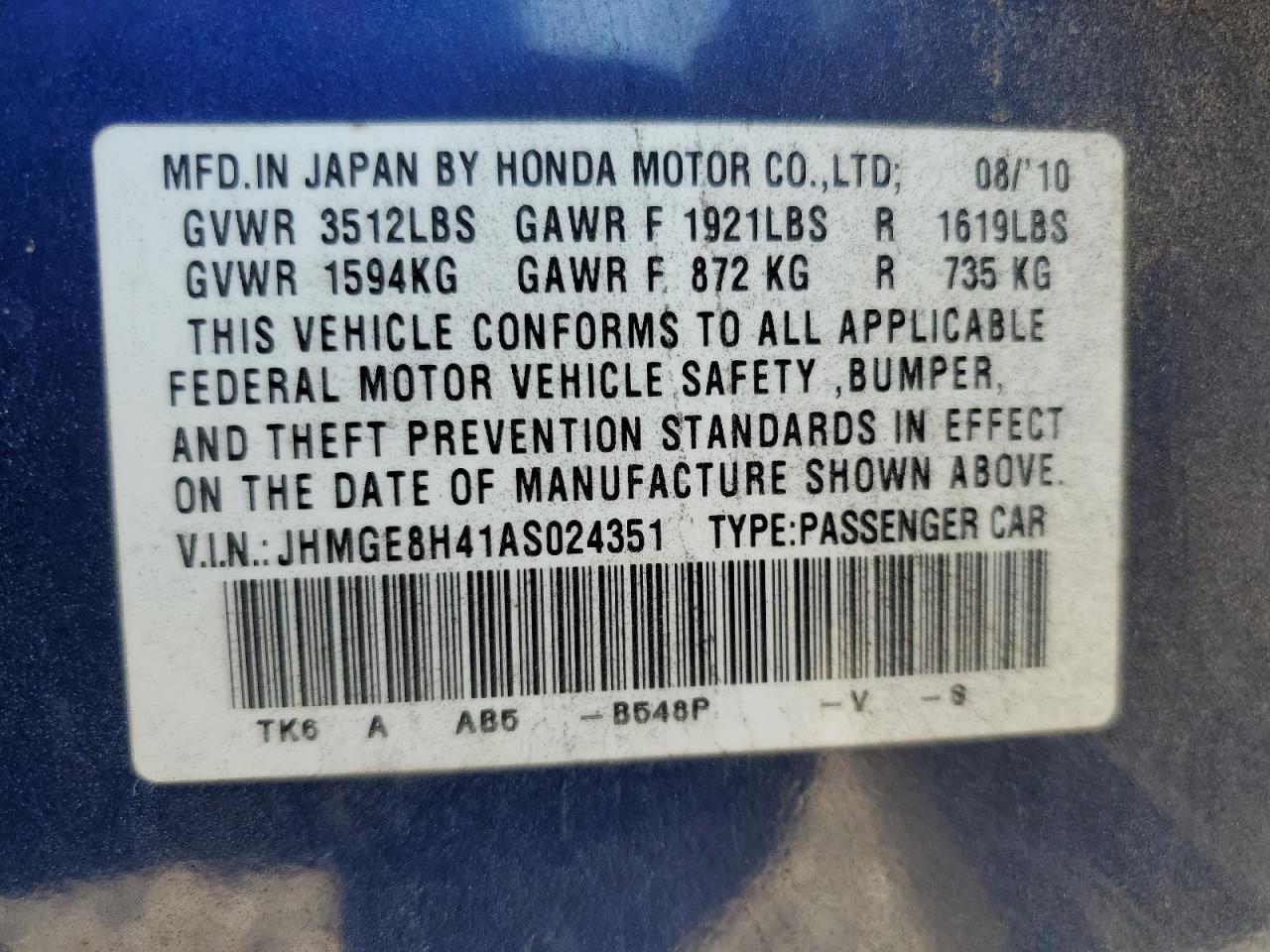 2010 Honda Fit Sport VIN: JHMGE8H41AS024351 Lot: 82783505