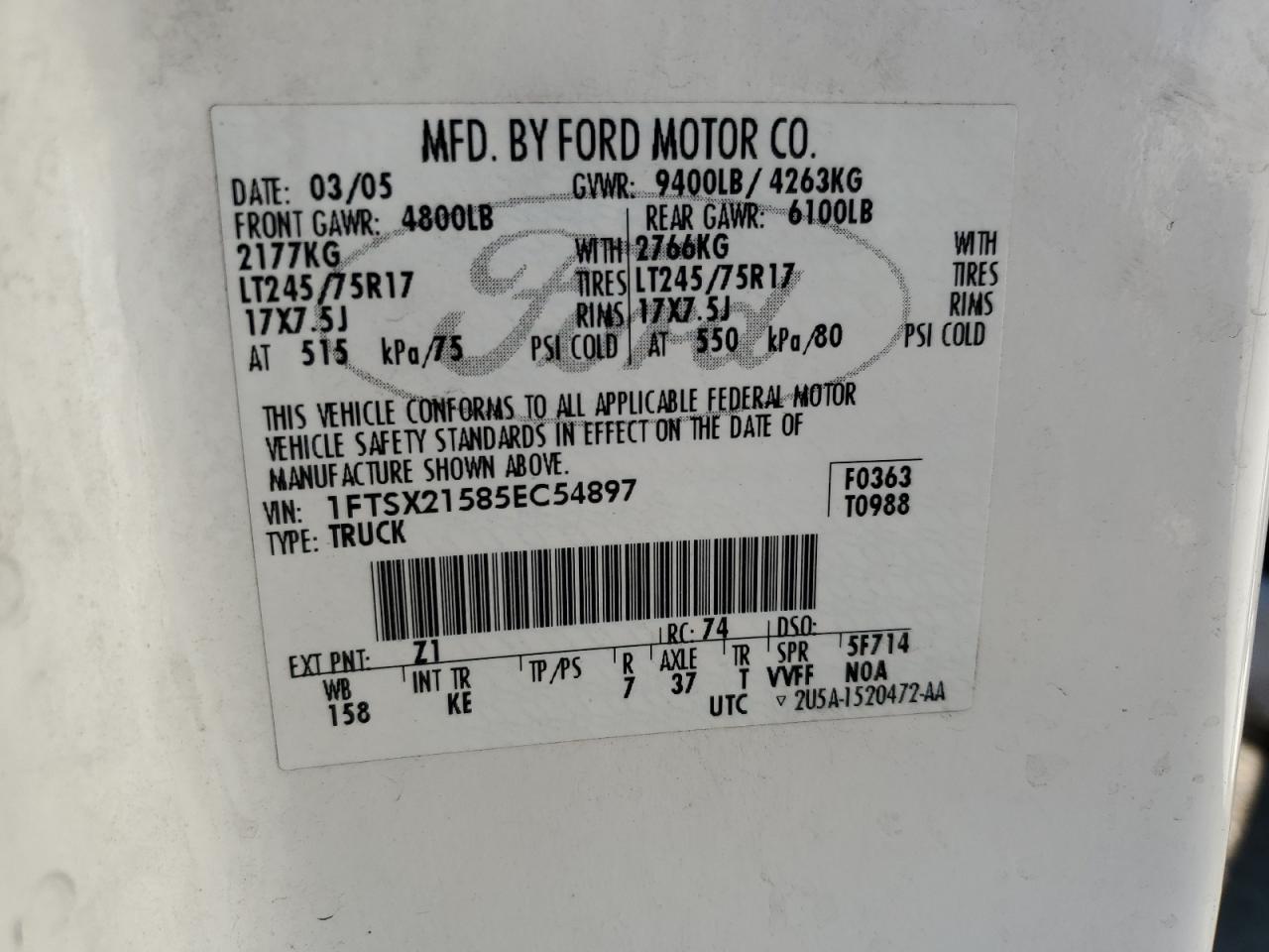 2005 Ford F250 Super Duty VIN: 1FTSX21585EC54897 Lot: 89502955