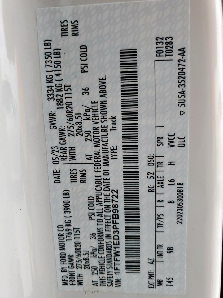 2023 Ford F150 Supercrew VIN: 1FTFW1ED3PFB98722 Lot: 89716815