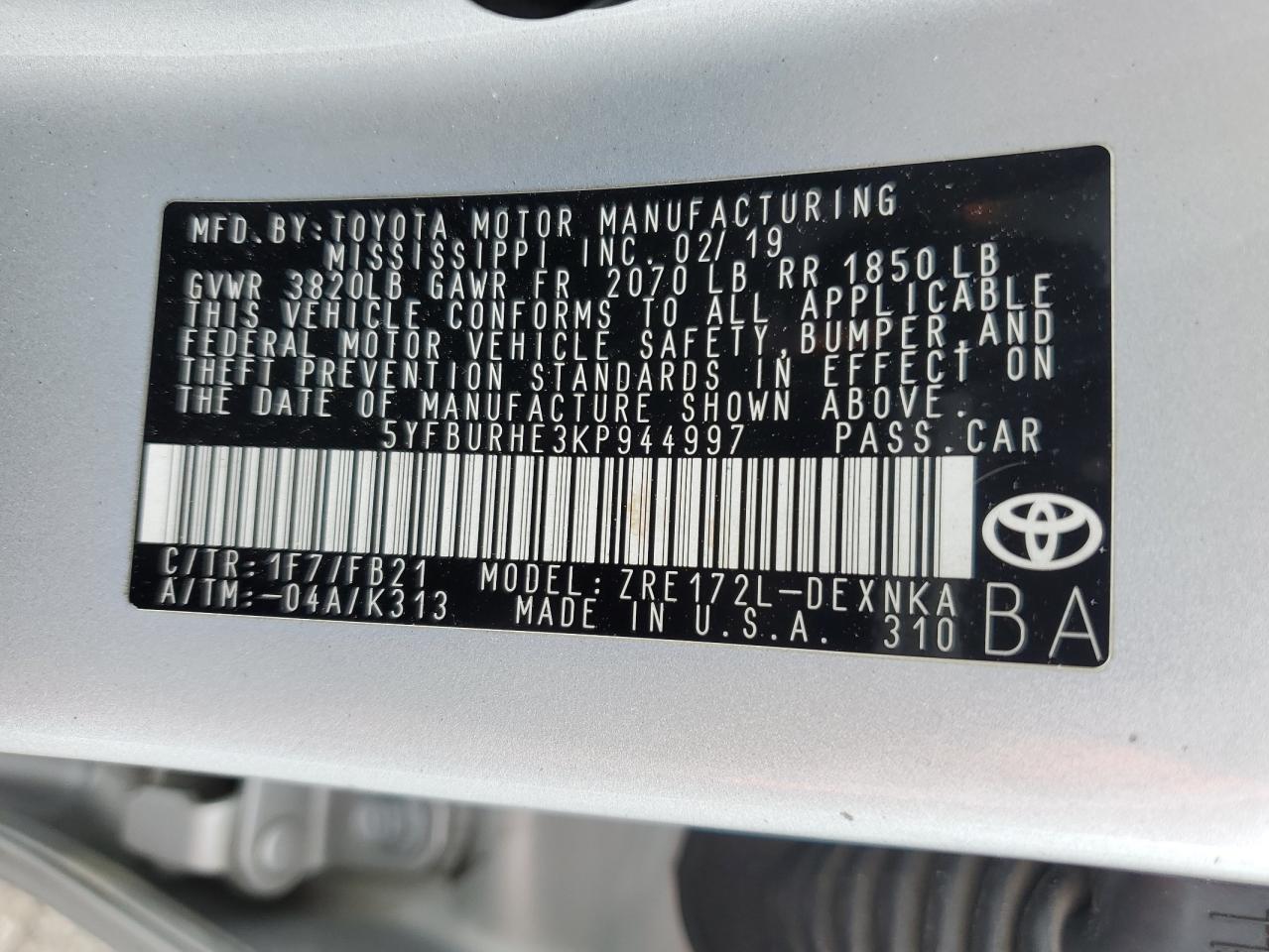 2019 Toyota Corolla L VIN: 5YFBURHE3KP944997 Lot: 85197585