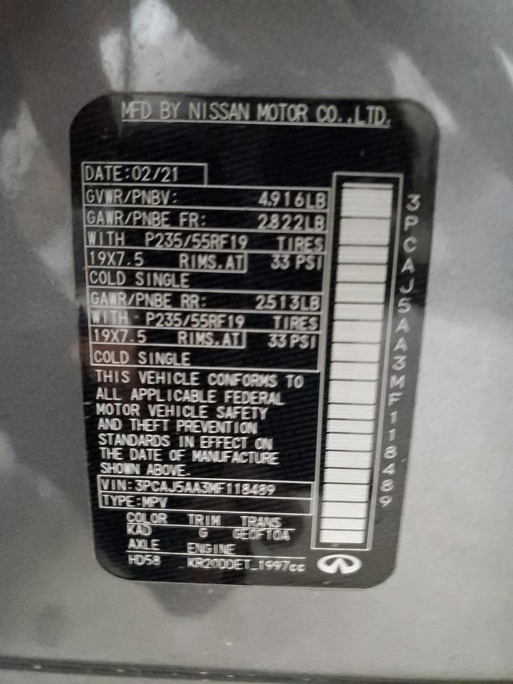 2021 Infiniti Qx50 Pure VIN: 3PCAJ5AA3MF118489 Lot: 90465655