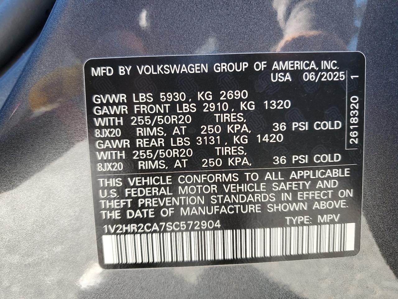 2025 Volkswagen Atlas Se VIN: 1V2HR2CA7SC572904 Lot: 86801475
