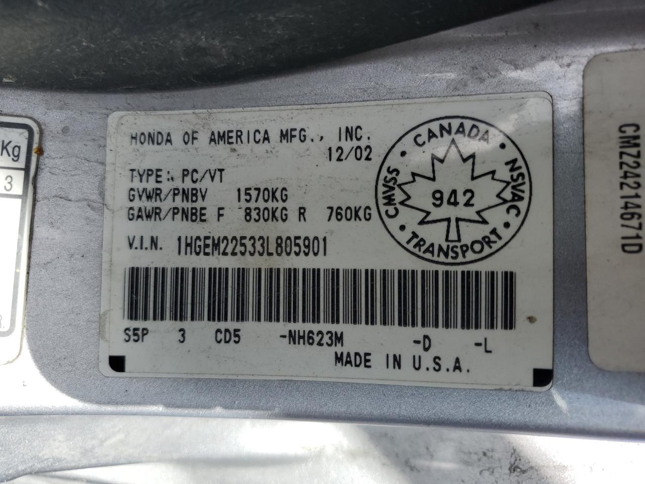 2003 Honda Civic Lx VIN: 1HGEM22533L805901 Lot: 85094965