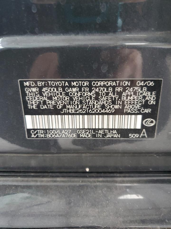 2006 Lexus Is 350 VIN: JTHBE262162004469 Lot: 89462345