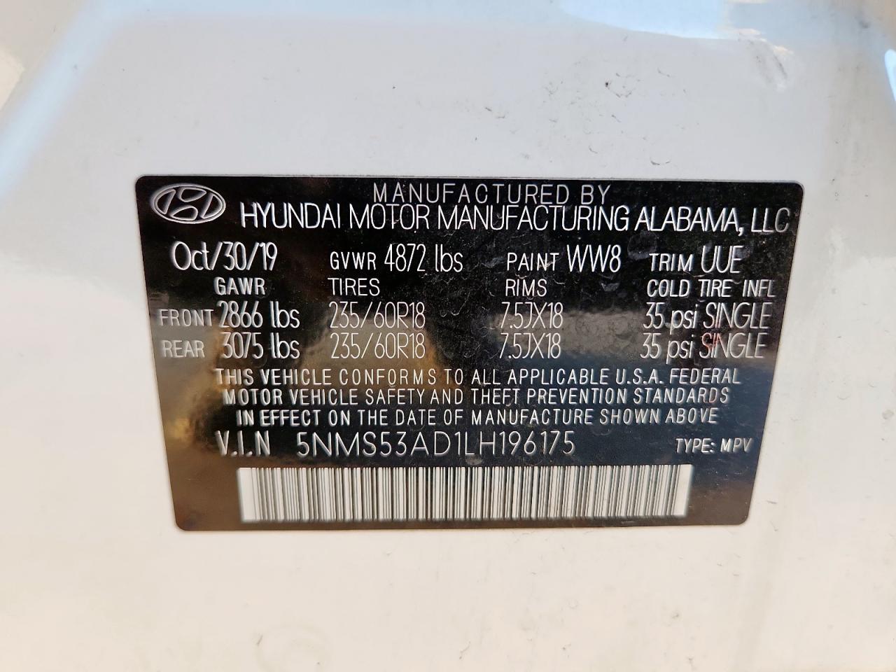 2020 Hyundai Santa Fe Limited VIN: 5NMS53AD1LH196175 Lot: 82473035