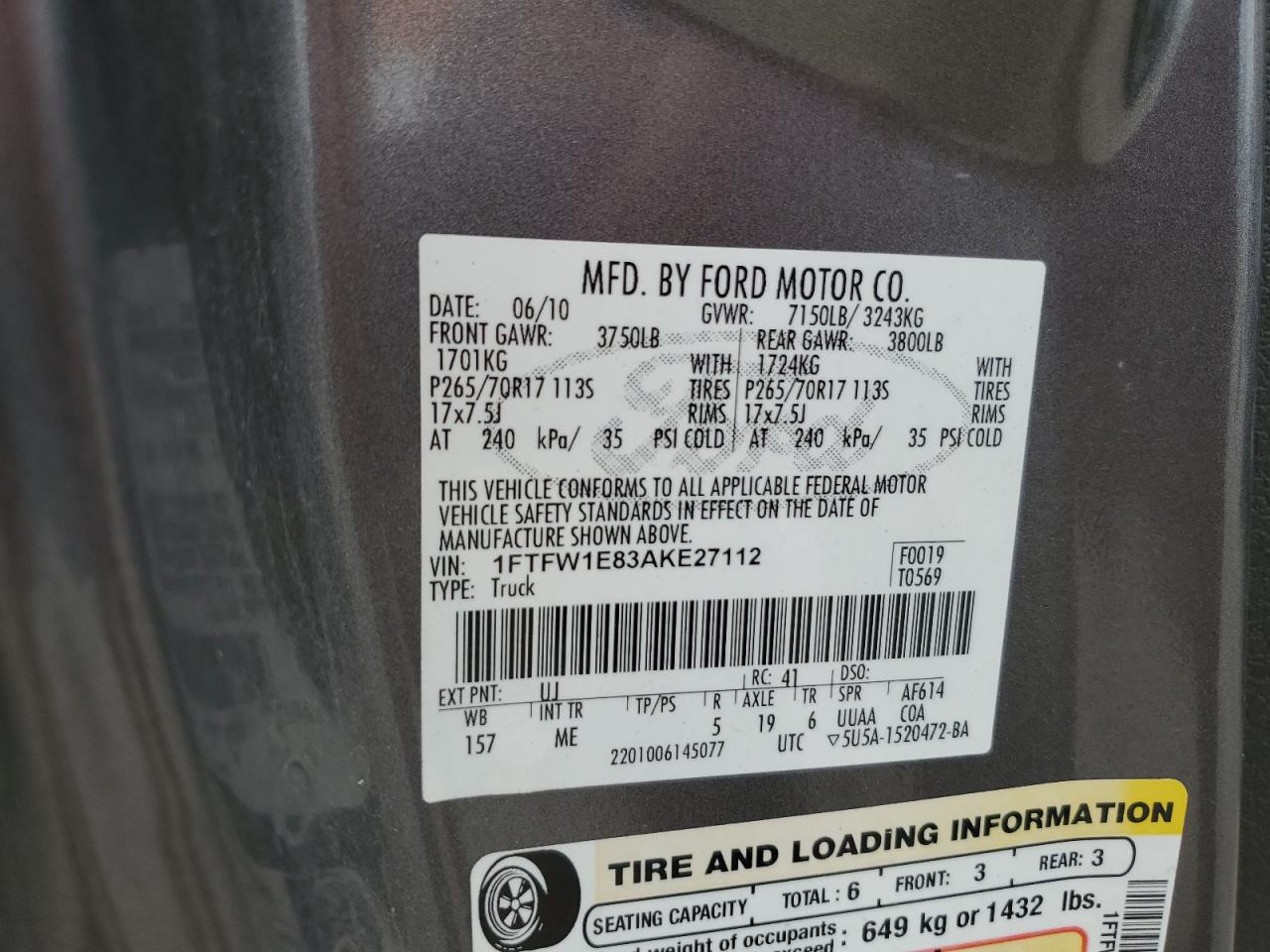 2010 Ford F150 Supercrew VIN: 1FTFW1E83AKE27112 Lot: 89718295