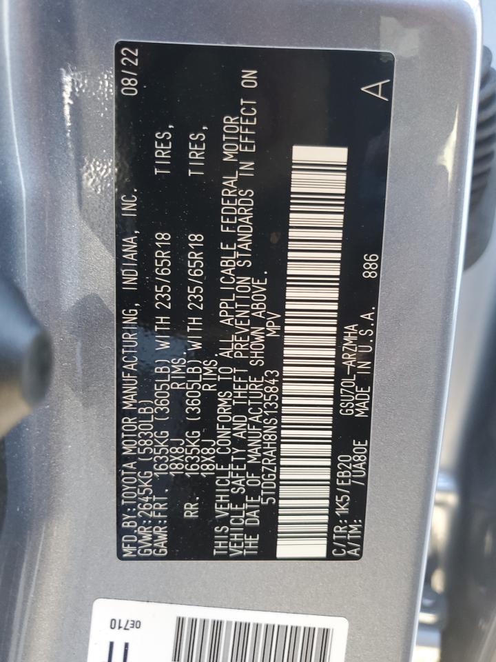 2022 Toyota Highlander Xle VIN: 5TDGZRAH8NS135843 Lot: 86217325