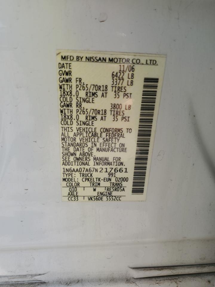 2007 Nissan Titan Xe VIN: 1N6AA07A67N217661 Lot: 84656365