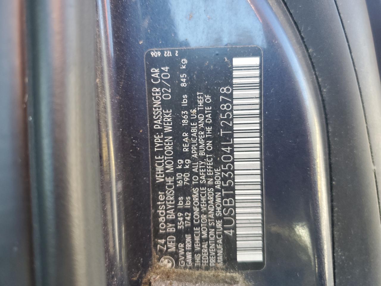 2004 BMW Z4 3.0 VIN: 4USBT53504LT25878 Lot: 85347565