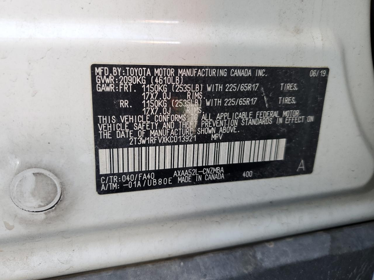 2019 Toyota Rav4 Xle VIN: 2T3W1RFVXKC013921 Lot: 84049605
