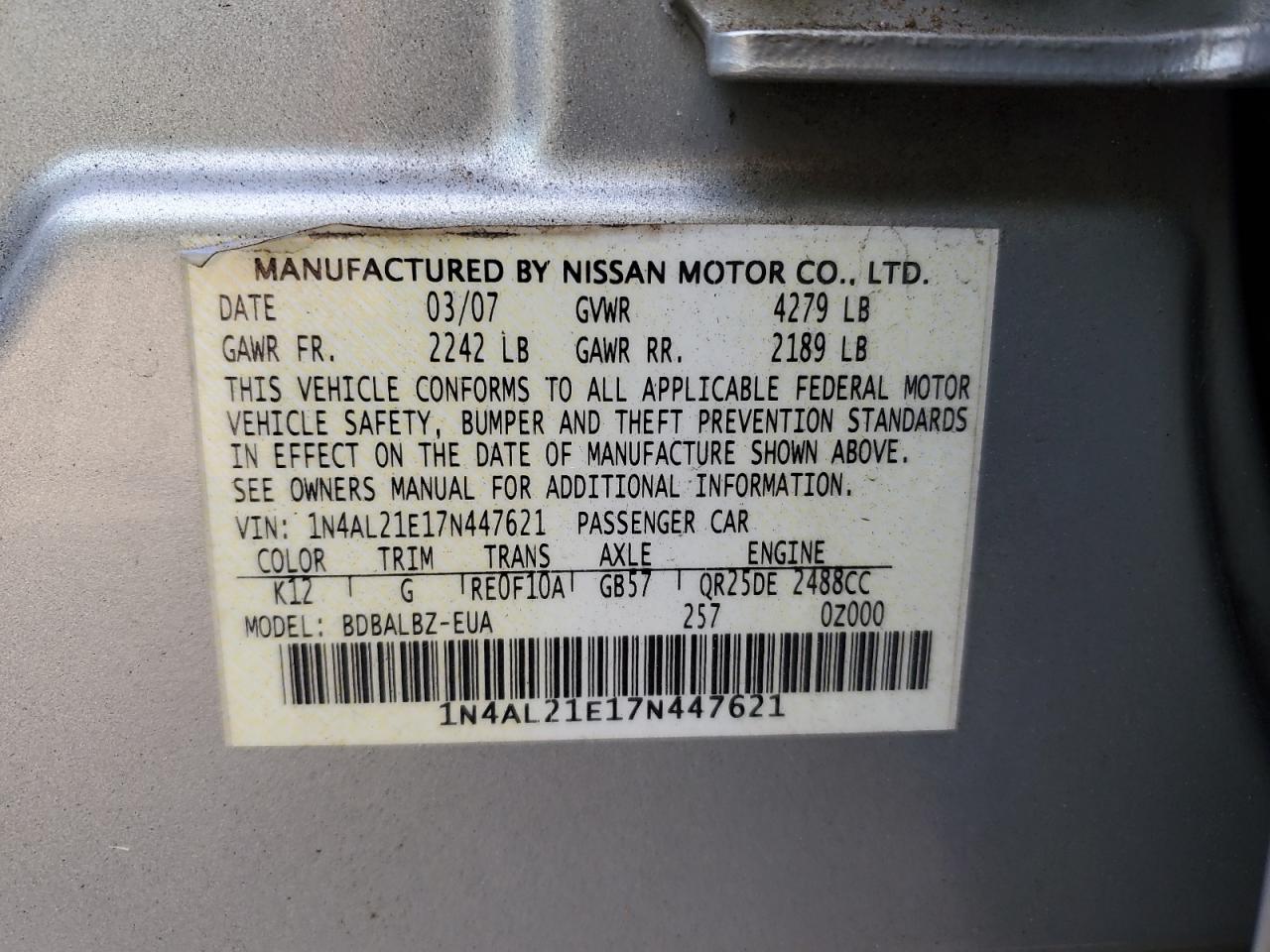 2007 Nissan Altima 2.5 VIN: 1N4AL21E17N447621 Lot: 86071665