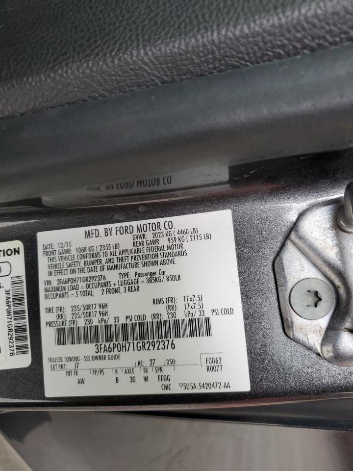2016 Ford Fusion Se VIN: 3FA6P0H71GR292376 Lot: 85744495