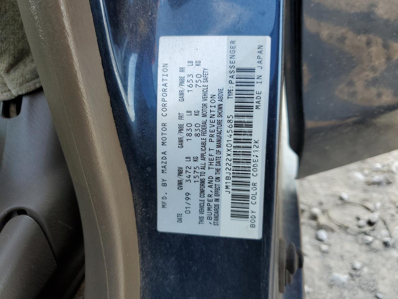 1999 Mazda Protege Dx VIN: JM1BJ222XX0145685 Lot: 87281435