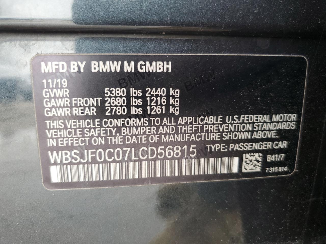 2020 BMW M5 Base VIN: WBSJF0C07LCD56815 Lot: 85391685
