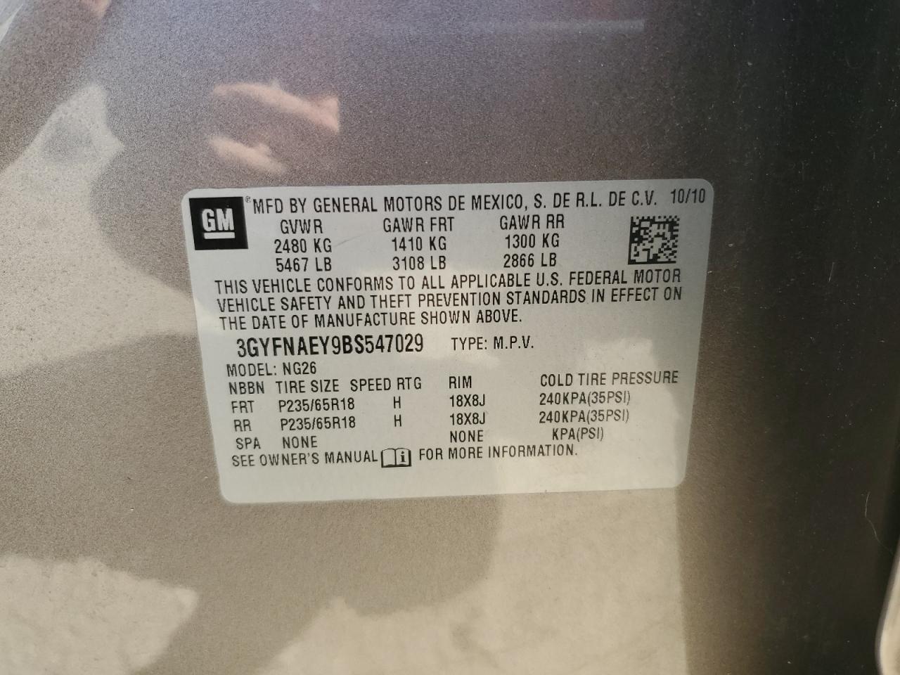 2011 Cadillac Srx Luxury Collection VIN: 3GYFNAEY9BS547029 Lot: 82546415