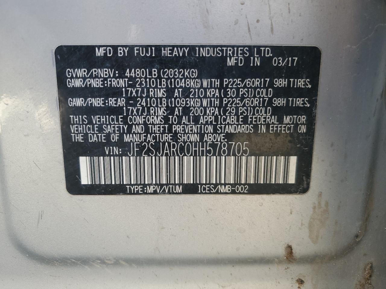 2017 Subaru Forester 2.5I Limited VIN: JF2SJARC0HH578705 Lot: 84642255