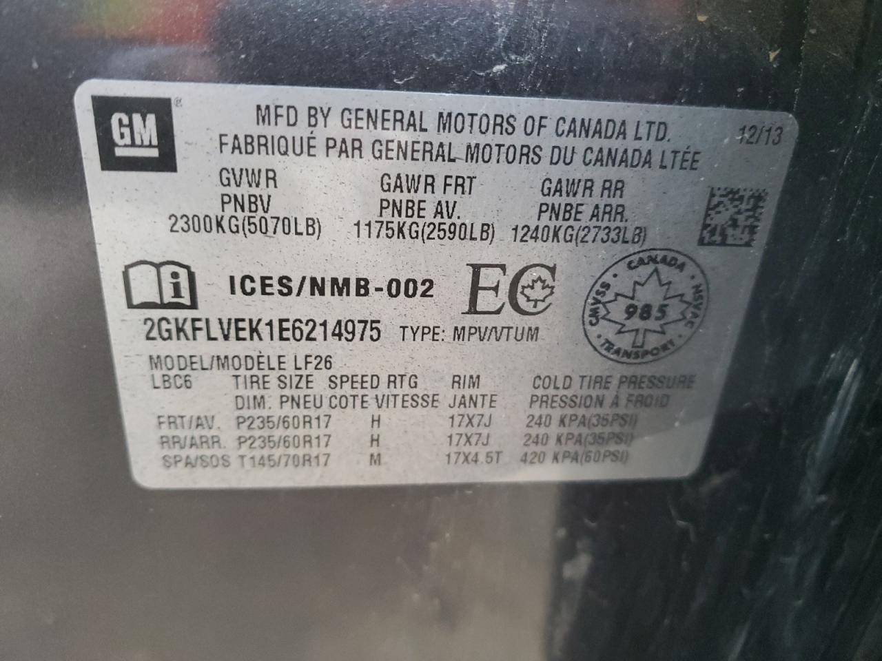 2014 GMC Terrain Sle VIN: 2GKFLVEK1E6214975 Lot: 85490205