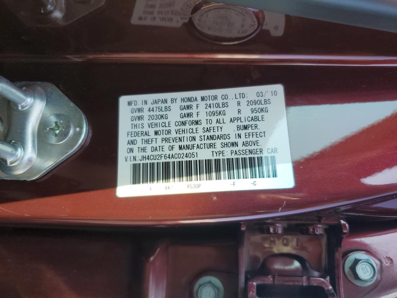 2010 Acura Tsx VIN: JH4CU2F64AC024051 Lot: 82633705