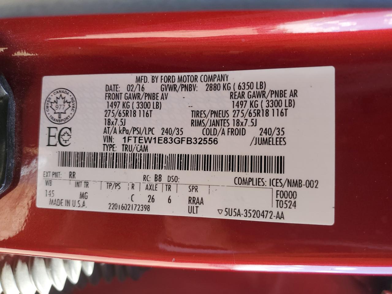 2016 Ford F150 Supercrew VIN: 1FTEW1E83GFB32556 Lot: 85724915